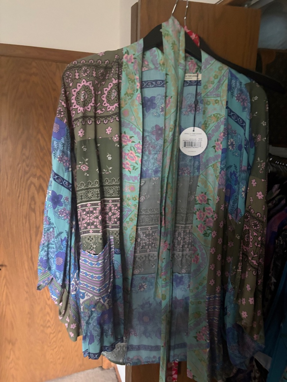 Boho Floral Patchwork Kimono Jacket in Olive & Teal